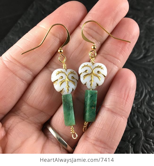 White and Gold Glass Leaves and African Jade Earrings with Gold Wire - #IMRN7zAz1R8-1