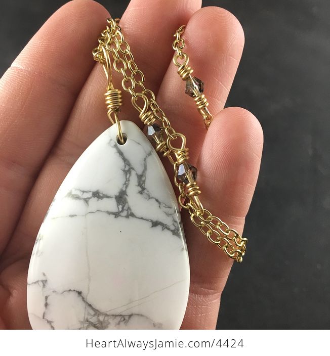 White and Gray Howlite Turquoise Stone Pendant Necklace with Custom Gold Chain - #DRy9ixnNaCE-2