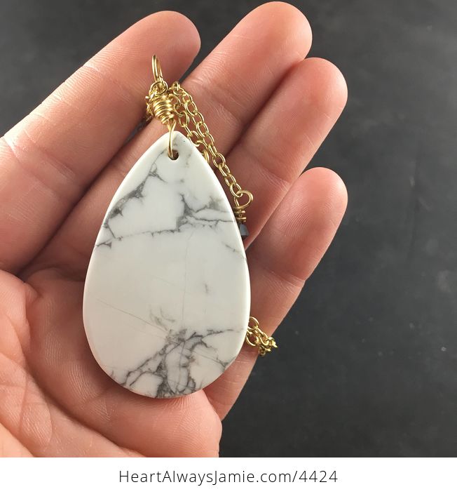 White and Gray Howlite Turquoise Stone Pendant Necklace with Custom Gold Chain - #DRy9ixnNaCE-4