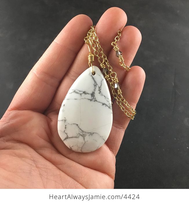 White and Gray Howlite Turquoise Stone Pendant Necklace with Custom Gold Chain - #DRy9ixnNaCE-1