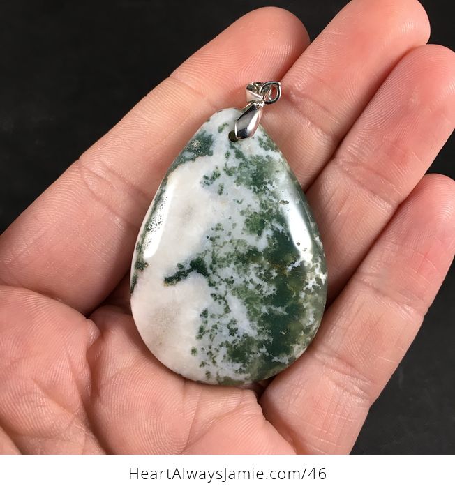 White and Green Dendritic Moss Agate Stone Pendant - #whJ7Ue0jrjE-1