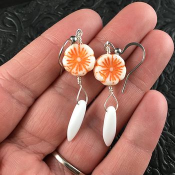 White and Orange Glass Hawaiian Flower and White Dagger Earrings with Silver Wire #qZ0mvL4N60w
