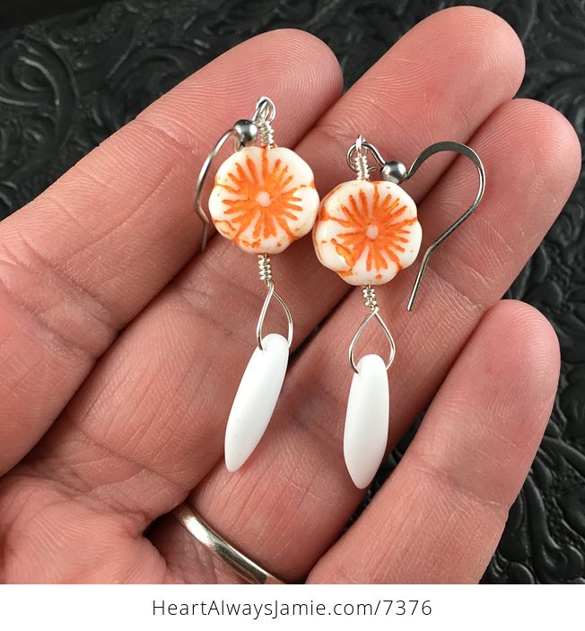 White and Orange Glass Hawaiian Flower and White Dagger Earrings with Silver Wire - #qZ0mvL4N60w-1