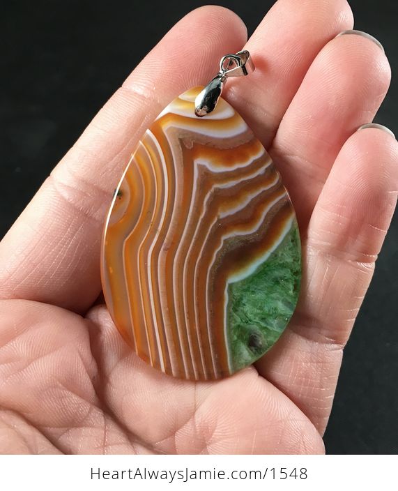White and Orange Stipres and Green Druzy Agate Stone Pendant Necklace - #dDGvgkDXE8c-2
