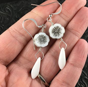 White and Silver Glass Hawaiian Flower and White Dagger Earrings with Silver Wire #55Tf5cq1byk