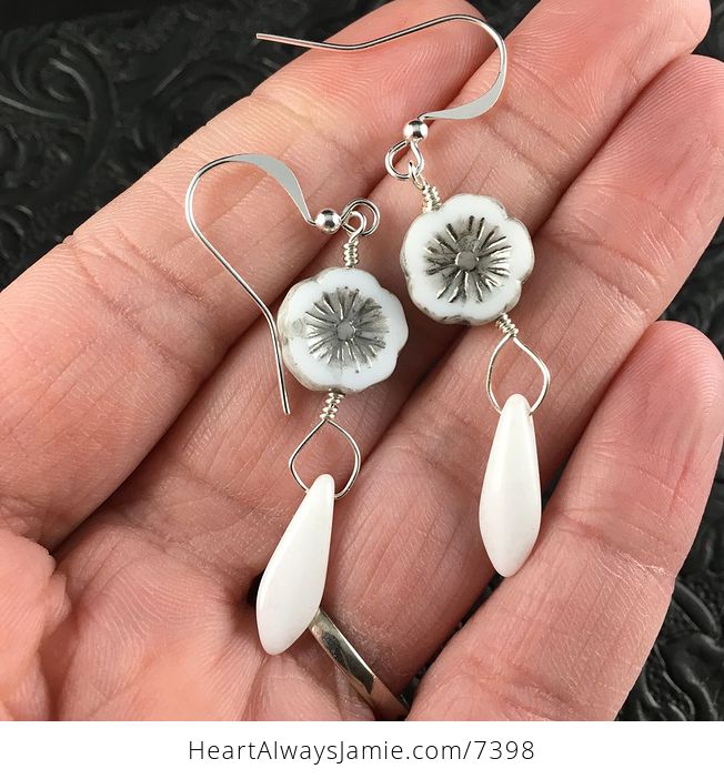 White and Silver Glass Hawaiian Flower and White Dagger Earrings with Silver Wire - #55Tf5cq1byk-1