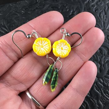 White and Yellow Hawaiian Flower and Striped Green Dagger Earrings with Silver Wire #txeHB9yoyKc