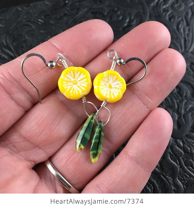 White and Yellow Hawaiian Flower and Striped Green Dagger Earrings with Silver Wire - #txeHB9yoyKc-1