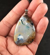 White Brown and Blue Druzy Dendrite Agate Stone Pendant #DP997yAtJYY