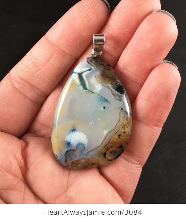 White Brown and Blue Druzy Dendrite Agate Stone Pendant - #DP997yAtJYY-1