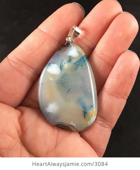 White Brown and Blue Druzy Dendrite Agate Stone Pendant Necklace - #DP997yAtJYY-2