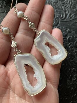 White Druzy Agate Slice Crystal Stone and Pearl Jewelry Earrings #yzxQ8JCsgRw