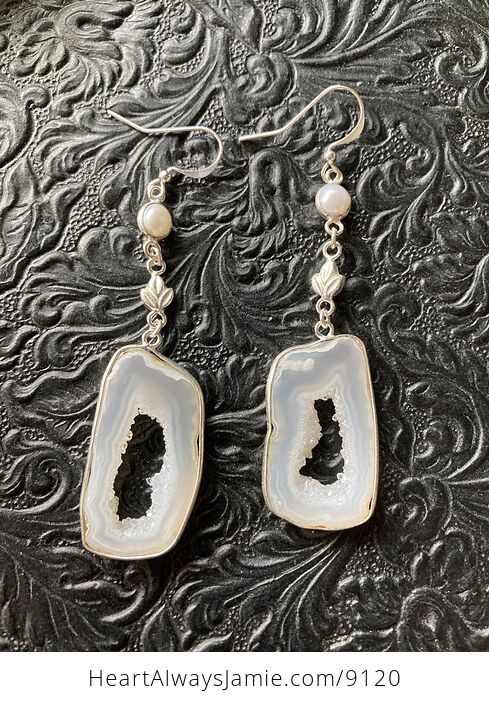 White Druzy Agate Slice Crystal Stone and Pearl Jewelry Earrings - #yzxQ8JCsgRw-4