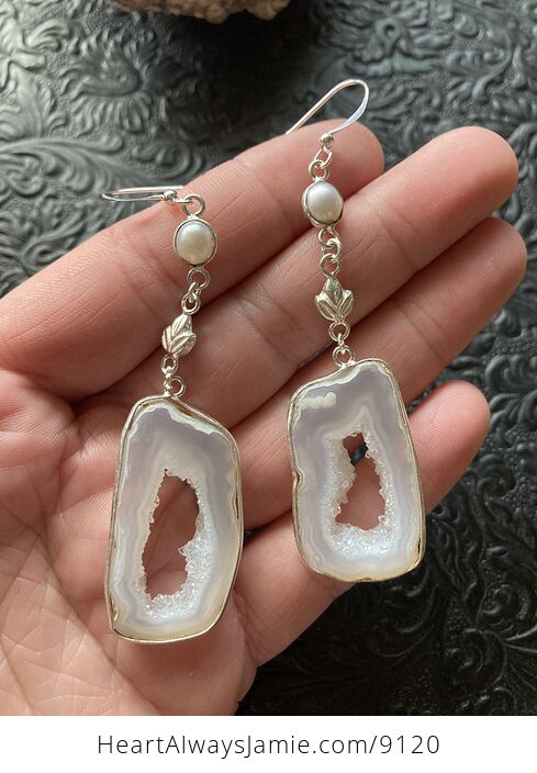 White Druzy Agate Slice Crystal Stone and Pearl Jewelry Earrings - #yzxQ8JCsgRw-3
