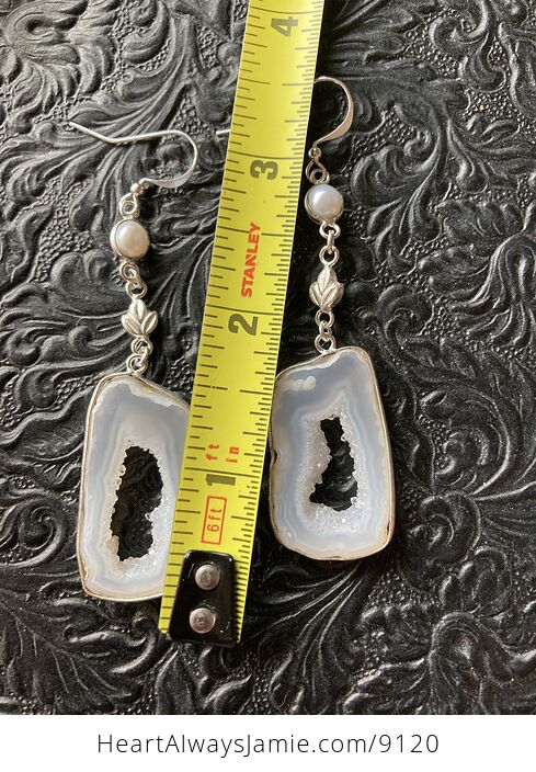 White Druzy Agate Slice Crystal Stone and Pearl Jewelry Earrings - #yzxQ8JCsgRw-5