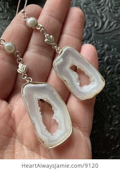White Druzy Agate Slice Crystal Stone and Pearl Jewelry Earrings - #yzxQ8JCsgRw-1