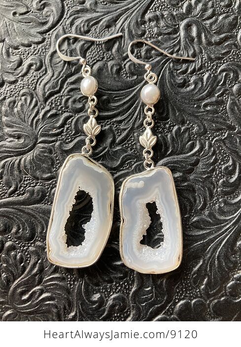 White Druzy Agate Slice Crystal Stone and Pearl Jewelry Earrings - #yzxQ8JCsgRw-2