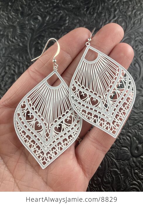 White Metal Ornate Heart Earrings - #Izd8PN80Kpc-1