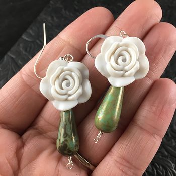 White Rose and Green Picasso Drop Earrings with Silver Wire #SHEvqe2fiQI
