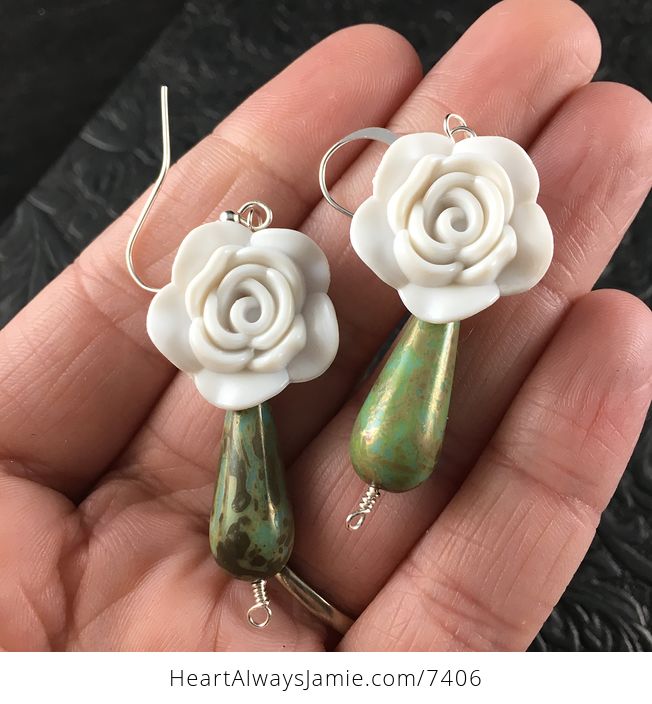 White Rose and Green Picasso Drop Earrings with Silver Wire - #SHEvqe2fiQI-1