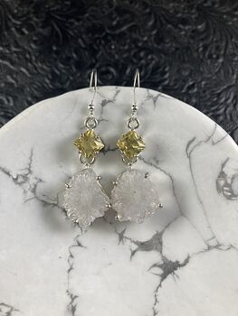 White Solar Agate Slice and Lemon Topaz Crystal Jewelry Stone Earrings #59Gg44IS9AA