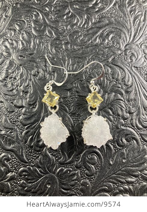 White Solar Agate Slice and Lemon Topaz Crystal Jewelry Stone Earrings - #59Gg44IS9AA-4