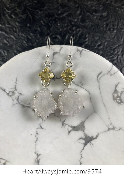 White Solar Agate Slice and Lemon Topaz Crystal Jewelry Stone Earrings - #59Gg44IS9AA-1