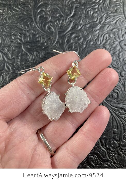 White Solar Agate Slice and Lemon Topaz Crystal Jewelry Stone Earrings - #59Gg44IS9AA-2