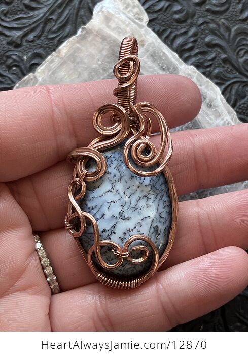 Wire Wrapped Dendritic Opal Agate Chalcedony Crystal Stone Jewelry Pendant - #yNFWC1eA1uw-2