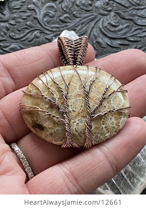 Wire Wrapped Double Tree of Life Agatized Coral Fossil Gemstone Stone Jewelry Crystal Pendant - #fD10jRSgkM4-1