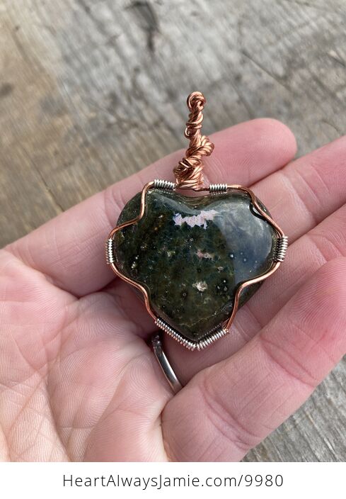 Wire Wrapped Ocean Jasper Heart Stone Crystal Jewelry Pendant - #0MVrF43RVHE-6