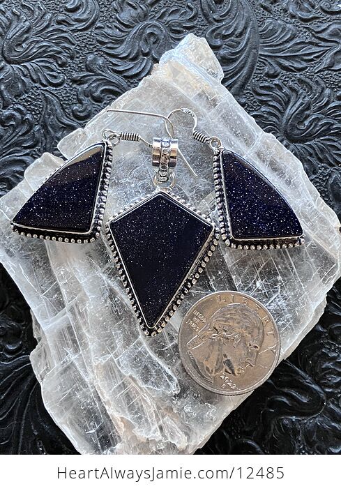 Witchy Blue Goldstone Crystal Stone Jewelry Pendant and Earrings Set - #NnOPRkExlus-4