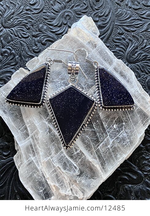 Witchy Blue Goldstone Crystal Stone Jewelry Pendant and Earrings Set - #NnOPRkExlus-1