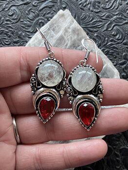 Witchy Crescent Moon Rainbow Moonstone and Garnet Lunar Earrings Stone Crystal Jewelry #vIqLVWlC1Gk