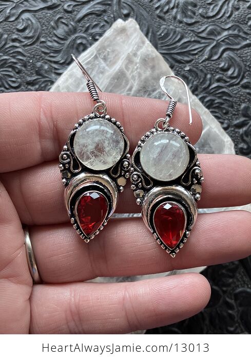 Witchy Crescent Moon Rainbow Moonstone and Garnet Lunar Earrings Stone Crystal Jewelry - #vIqLVWlC1Gk-1