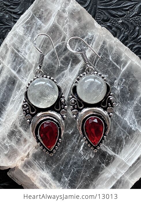 Witchy Crescent Moon Rainbow Moonstone and Garnet Lunar Earrings Stone Crystal Jewelry - #vIqLVWlC1Gk-3