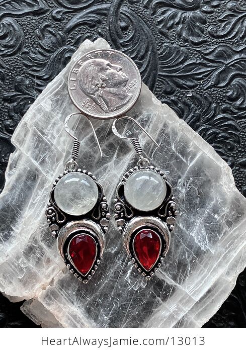 Witchy Crescent Moon Rainbow Moonstone and Garnet Lunar Earrings Stone Crystal Jewelry - #vIqLVWlC1Gk-4