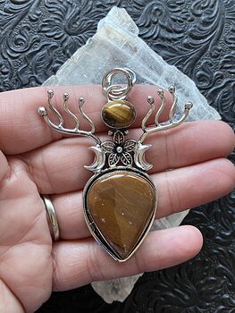 Witchy Fairy Core Tigers Eye and Jasper Flower Crescent Moon and Antlers Pendant Crystal Stone Jewelry #4DVztyVa6mc