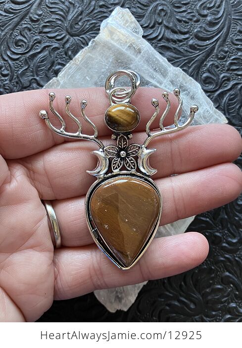 Witchy Fairy Core Tigers Eye and Jasper Flower Crescent Moon and Antlers Pendant Crystal Stone Jewelry - #4DVztyVa6mc-1