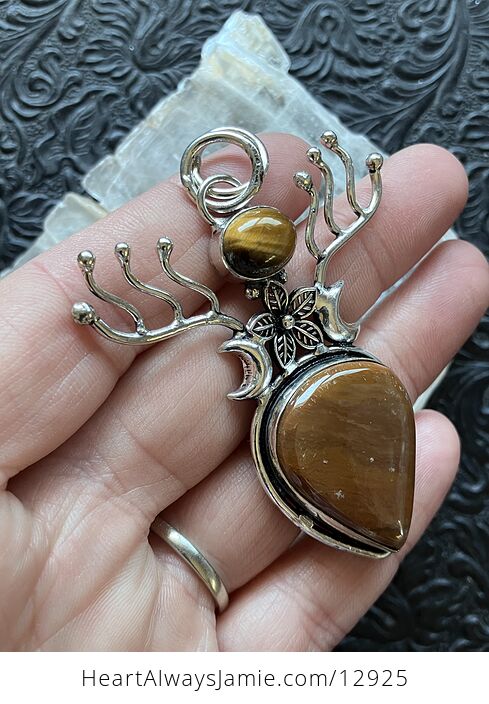 Witchy Fairy Core Tigers Eye and Jasper Flower Crescent Moon and Antlers Pendant Crystal Stone Jewelry - #4DVztyVa6mc-4