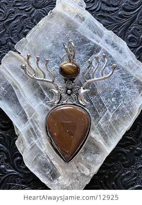 Witchy Fairy Core Tigers Eye and Jasper Flower Crescent Moon and Antlers Pendant Crystal Stone Jewelry - #4DVztyVa6mc-2