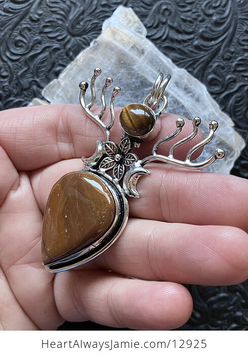 Witchy Fairy Core Tigers Eye and Jasper Flower Crescent Moon and Antlers Pendant Crystal Stone Jewelry - #4DVztyVa6mc-5