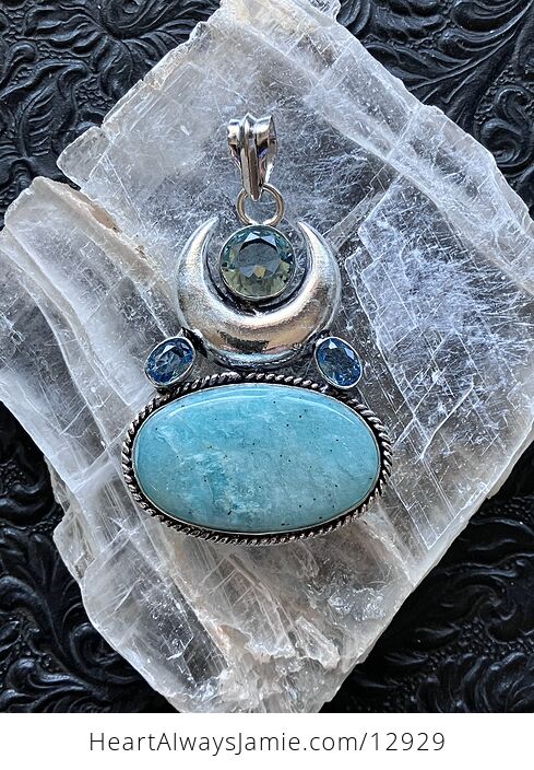 Witchy Tourmaline Included Amazonite and Blue Topaz Crescent Moon Pendant Crystal Stone Jewelry - #W8EWAiA54WA-1