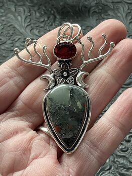 Witchy Wiccan Fairy Setonite African Bloodstone and Garnet Flower Crescent Moon and Antler Crystal Stone Jewelry Pendant Charm #t6x8MffBrmM
