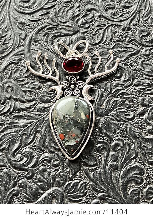 Witchy Wiccan Fairy Setonite African Bloodstone and Garnet Flower Crescent Moon and Antler Crystal Stone Jewelry Pendant Charm - #t6x8MffBrmM-5