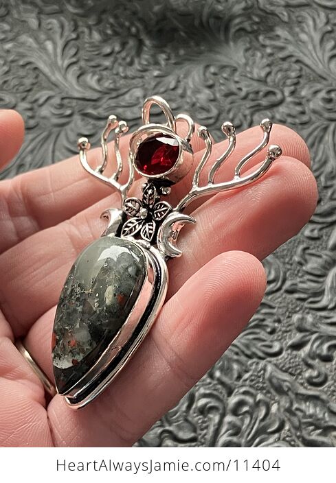 Witchy Wiccan Fairy Setonite African Bloodstone and Garnet Flower Crescent Moon and Antler Crystal Stone Jewelry Pendant Charm - #t6x8MffBrmM-3