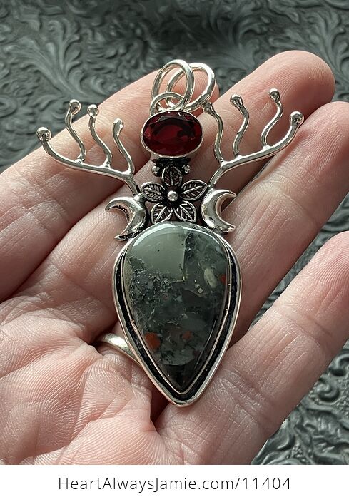 Witchy Wiccan Fairy Setonite African Bloodstone and Garnet Flower Crescent Moon and Antler Crystal Stone Jewelry Pendant Charm - #t6x8MffBrmM-1