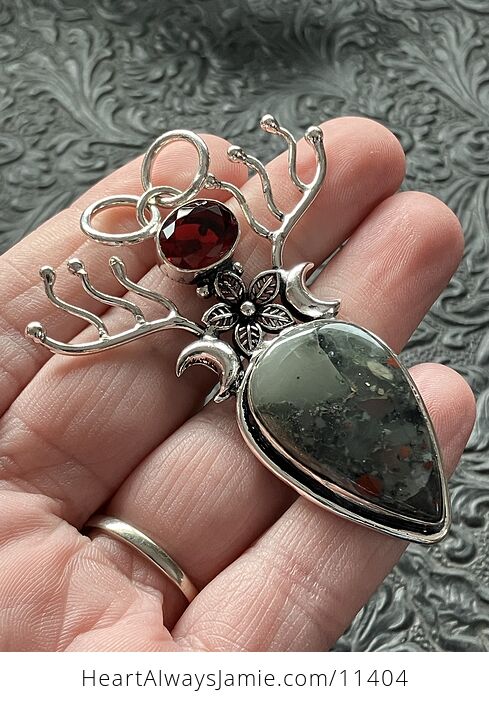Witchy Wiccan Fairy Setonite African Bloodstone and Garnet Flower Crescent Moon and Antler Crystal Stone Jewelry Pendant Charm - #t6x8MffBrmM-2