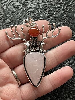 Witchy Wiccan Fairy Themed Rose Quartz and Carnelian Flower Crescent Moon and Antler Crystal Stone Jewelry Pendant Charm #wI9pbaNjxag