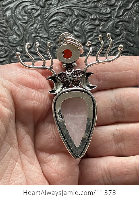Witchy Wiccan Fairy Themed Rose Quartz and Carnelian Flower Crescent Moon and Antler Crystal Stone Jewelry Pendant Charm - #wI9pbaNjxag-4